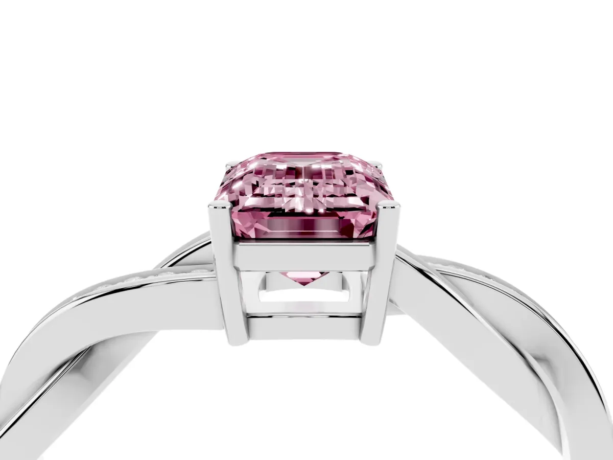 Fancy Pink Emerald Cut Solitaire Twisted Pave Diamond Ring with Four-Prong Setting Platinum
