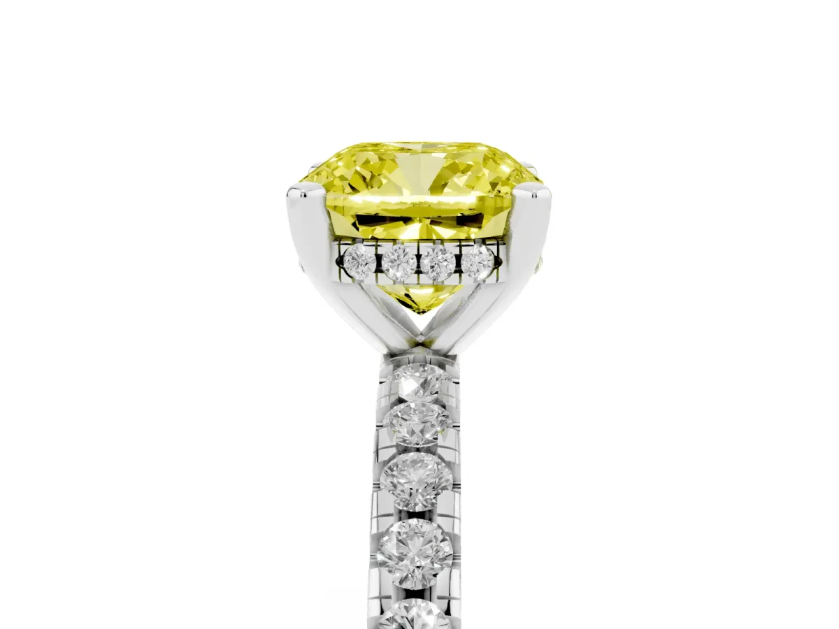 Fancy Yellow Cushion Cut Diamond Solitaire Ring with Round Pavé Band and Four-Prong Setting Silver