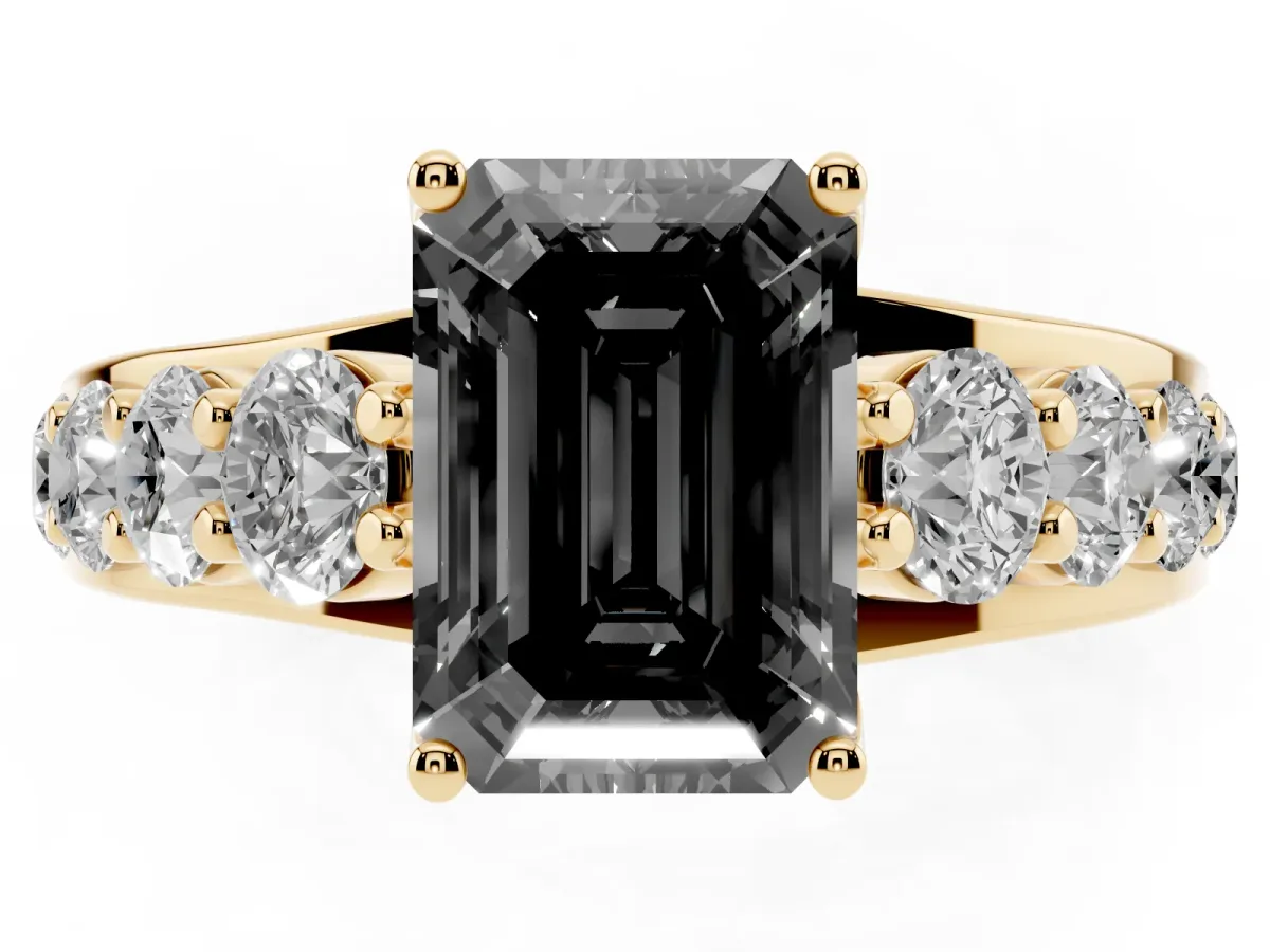 Fancy Black Emerald Cut Diamond Engagement Ring with Pavé Band and Four-Prong Setting Yellow gold