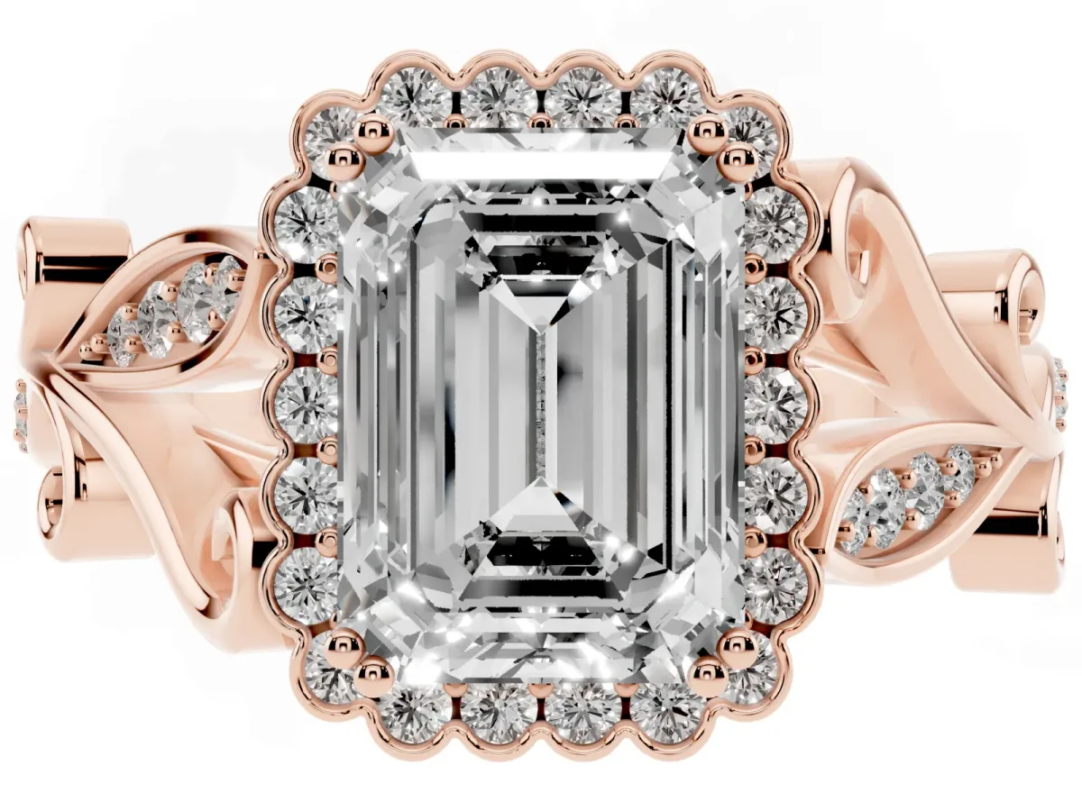 Emerald Cut Diamond Halo Ring with Vintage Split Shank and Four-Prong Setting Rose gold
