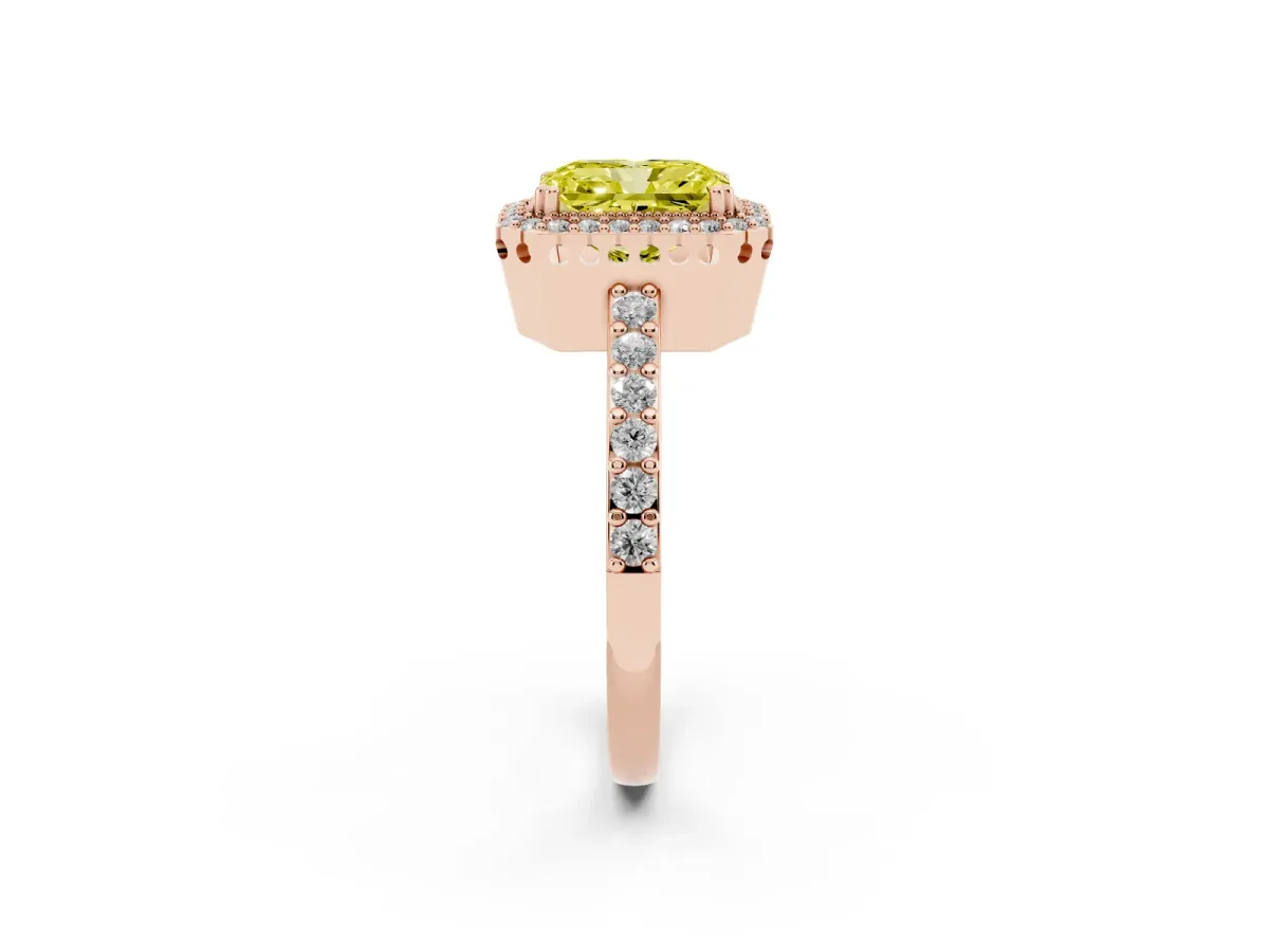Fancy Yellow Radiant Cut Cut Diamond Halo Engagement Ring with Milgrain Detail and Pavé Band Rose gold