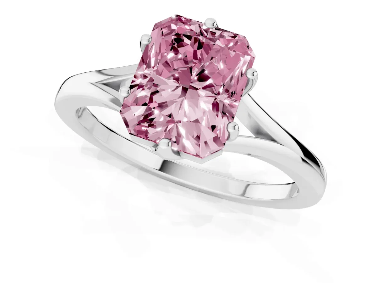 Fancy Pink Radiant Cut Solitaire Diamond Ring with Six-Prong Setting and Tapered Band Platinum
