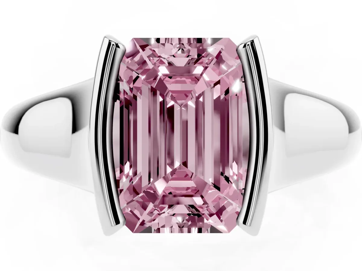Fancy Pink Emerald Cut Solitaire Tension Set Diamond Ring with Split Shank Band Silver