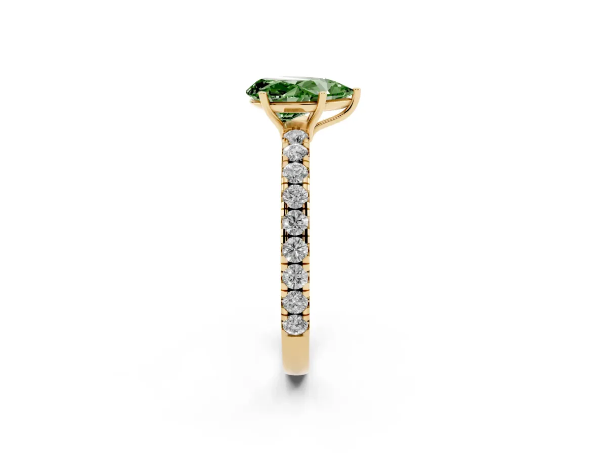Fancy Green Pear Cut Diamond Pavé Solitaire Engagement Ring with Four-Prong Setting Yellow gold
