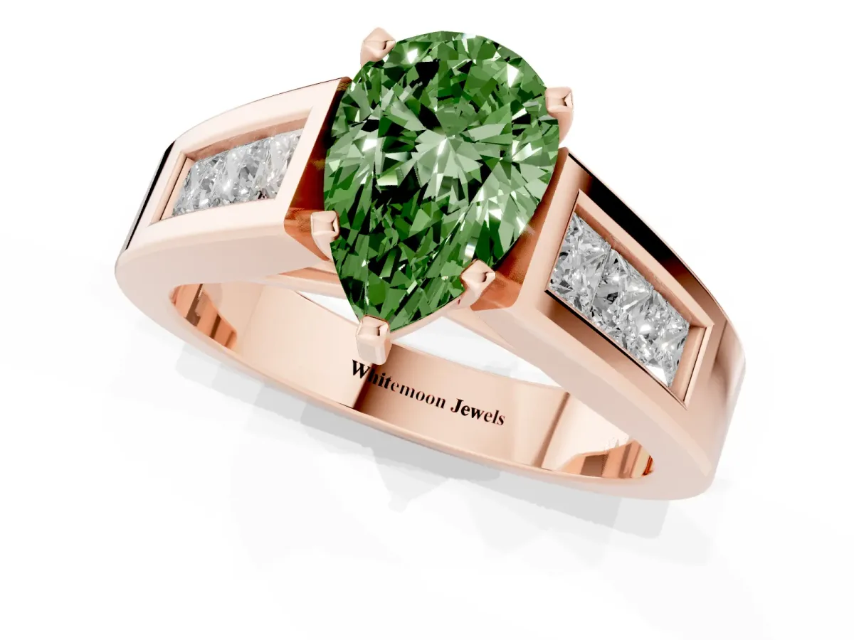 Fancy Green Pear Cut Cut Channel Set Solitaire Ring with Four-Prong Setting Rose gold