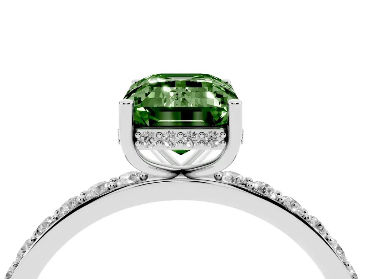 Fancy Green Emerald Cut Diamond Solitaire Ring with Pavé Band and Hidden Halo Silver
