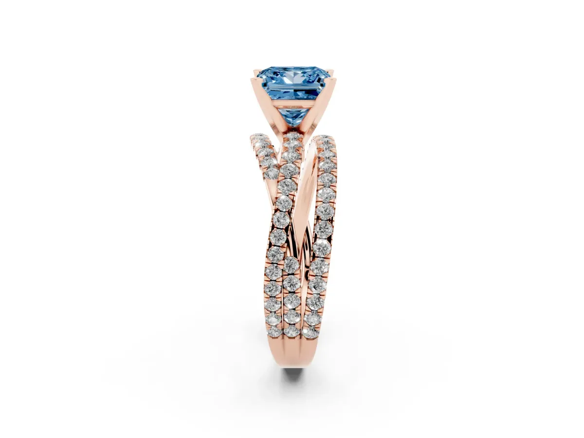 Fancy Blue Princess Cut Solitaire Twist Band with Pavé Setting and Four-Prong Setting Rose gold