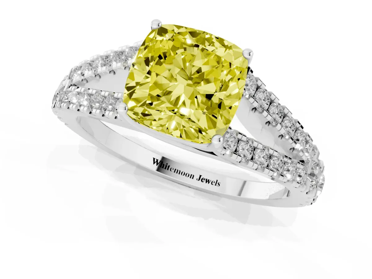 Fancy Yellow Cushion Cut Diamond Split Shank Engagement Ring with Round Pavé and Prong Setting Silver