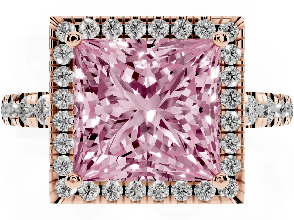 Fancy Pink Princess Cut Diamond Halo Ring with Pavé Band and Four-Prong Setting Rose gold