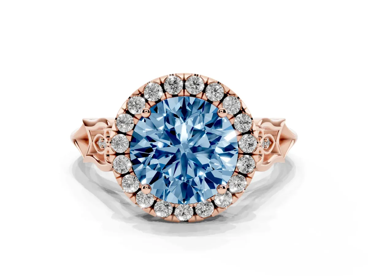 Fancy Blue Round Cut Halo Diamond Engagement Ring with Filigree Band and Four-Prong Setting Rose gold