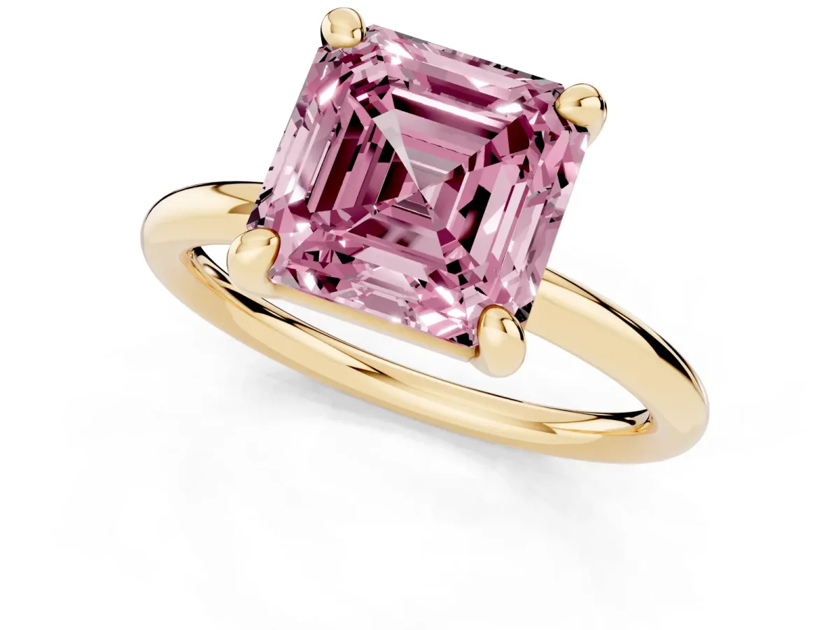 Fancy Pink Asscher Cut Solitaire Diamond Ring with Four-Prong Setting on a Plain Band Yellow gold