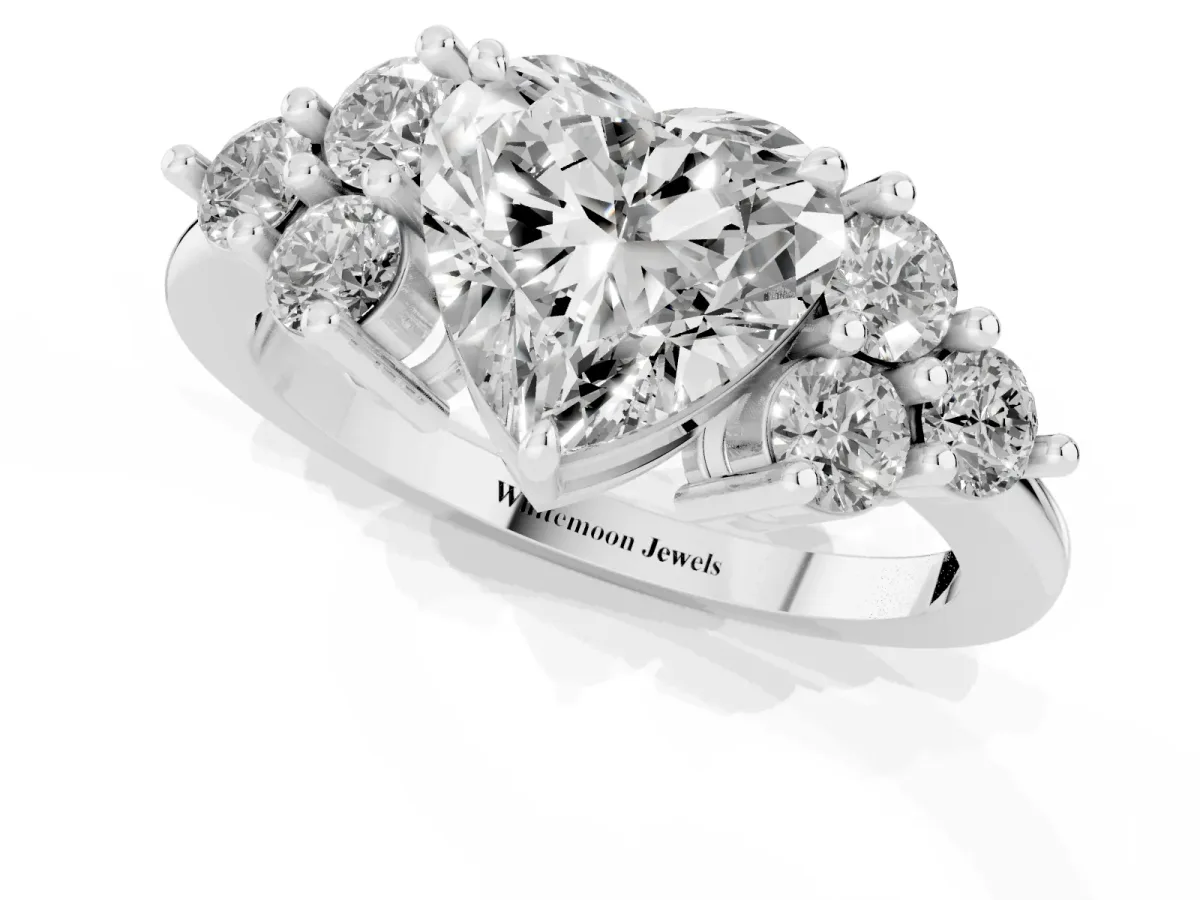 Heart Cut Brilliant Diamond Cluster Accent Solitaire Ring with Prong Setting Platinum