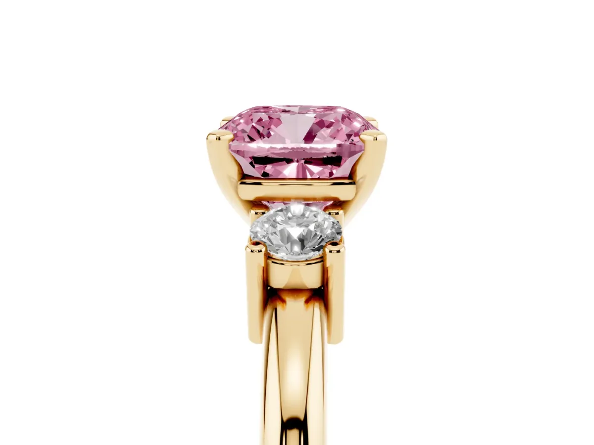 Fancy Pink Three-Stone Cushion Cut Cut Diamond Solitaire with Prong Setting and Classic Band Yellow gold