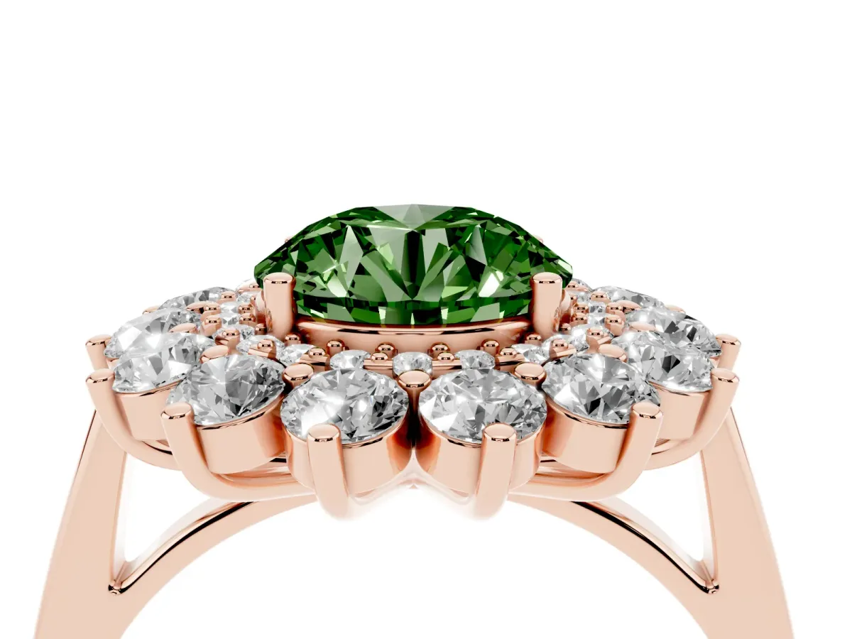Fancy Green Round Cut Diamond Floral Double Halo Engagement Ring with Prong Setting Rose gold