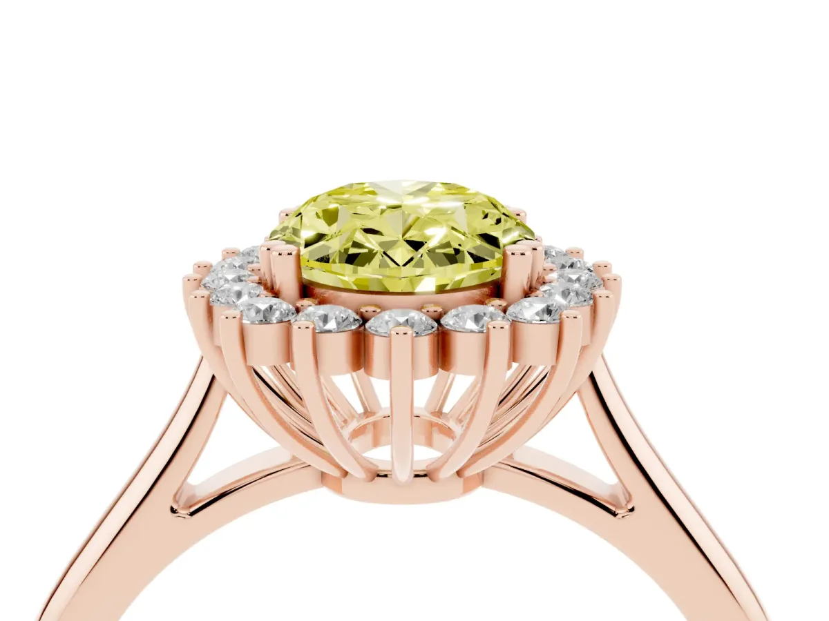 Fancy Yellow Oval Cut Cut Diamond Halo Ring with Solitaire Band and Prong Setting Rose gold