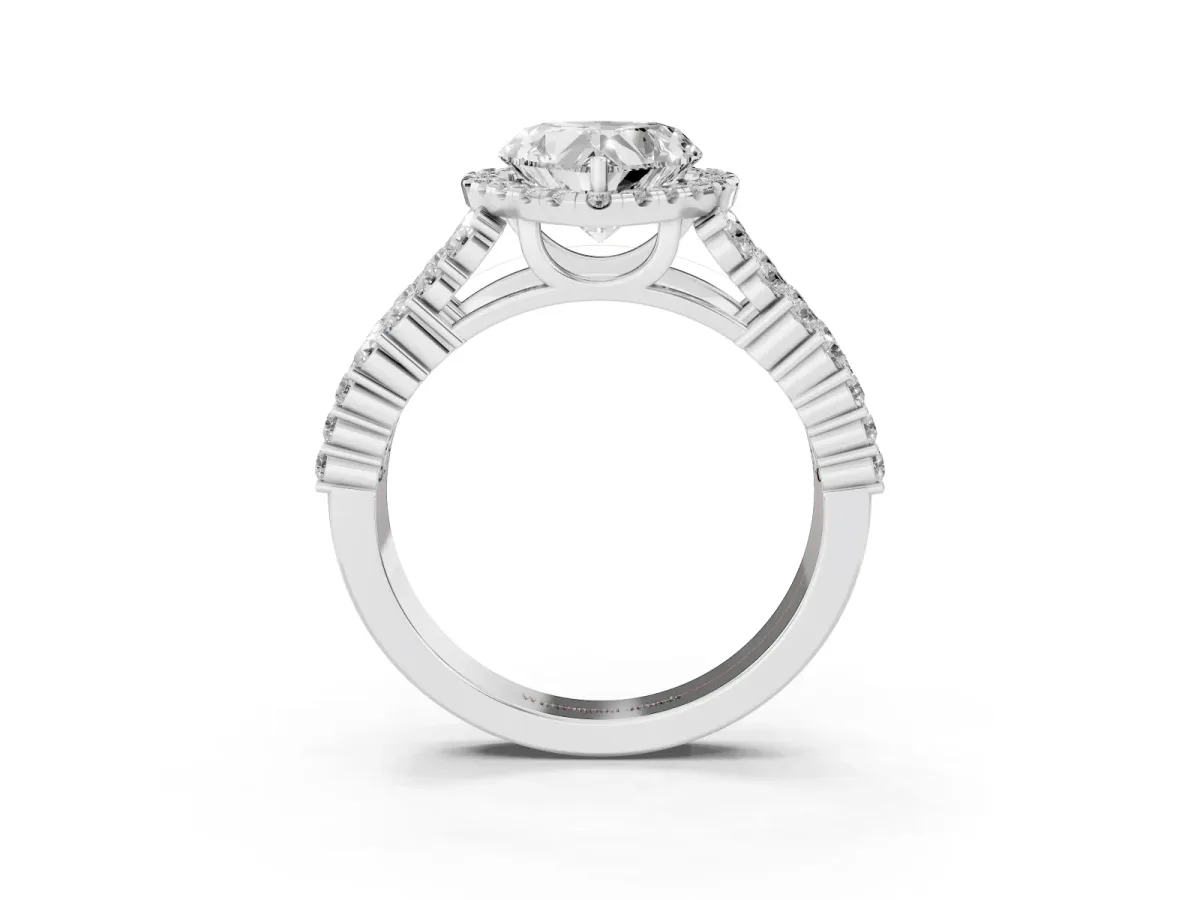 Heart Cut Diamond Halo Engagement Ring with Triple Row Round Pavé Band and Prong Setting Silver
