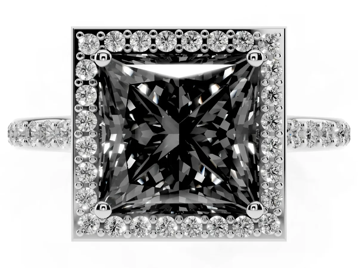 Fancy Black Princess Cut Diamond Halo Engagement Ring with Round Pavé Shoulders and Prong Setting White gold