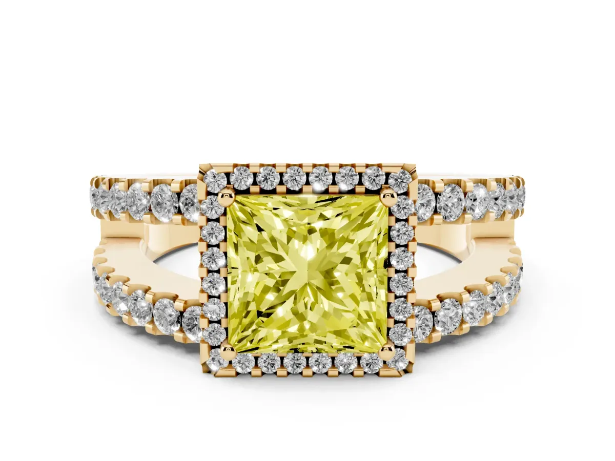Fancy Yellow Princess Cut Cut Halo Split Shank Diamond Ring with Four-Prong Setting Yellow gold