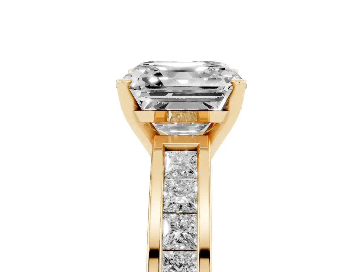 Asscher Cut Solitaire Diamond Ring with Channel-Set Band and Four-Prong Setting Yellow gold