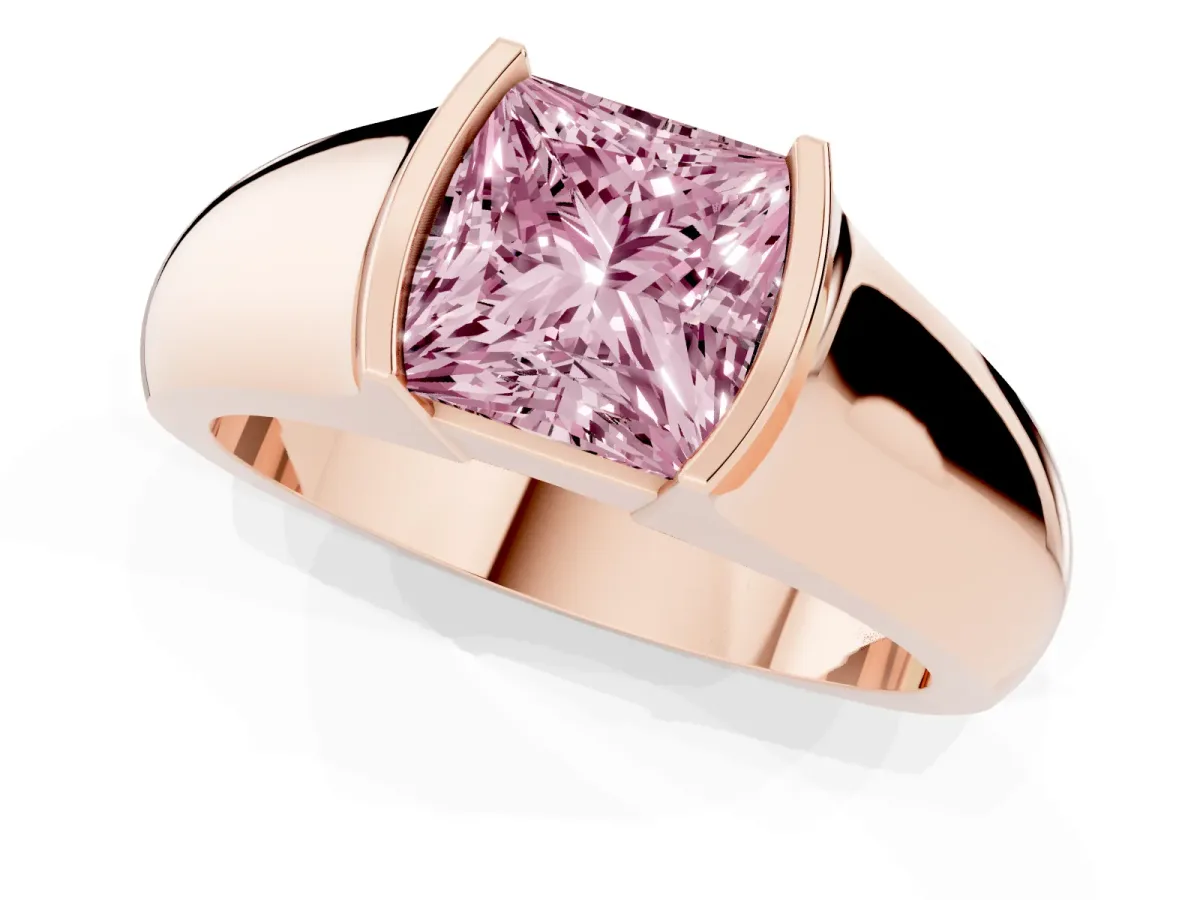 Fancy Pink Princess Cut Solitaire Bezel Set Diamond Ring with Wide Band Rose gold