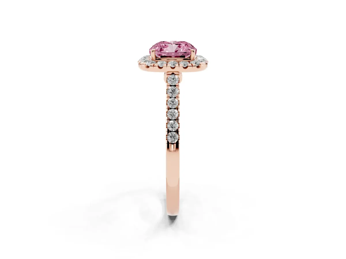 Fancy Pink Cushion Cut Halo Pave Diamond Engagement Ring with Four-Prong Setting Rose gold