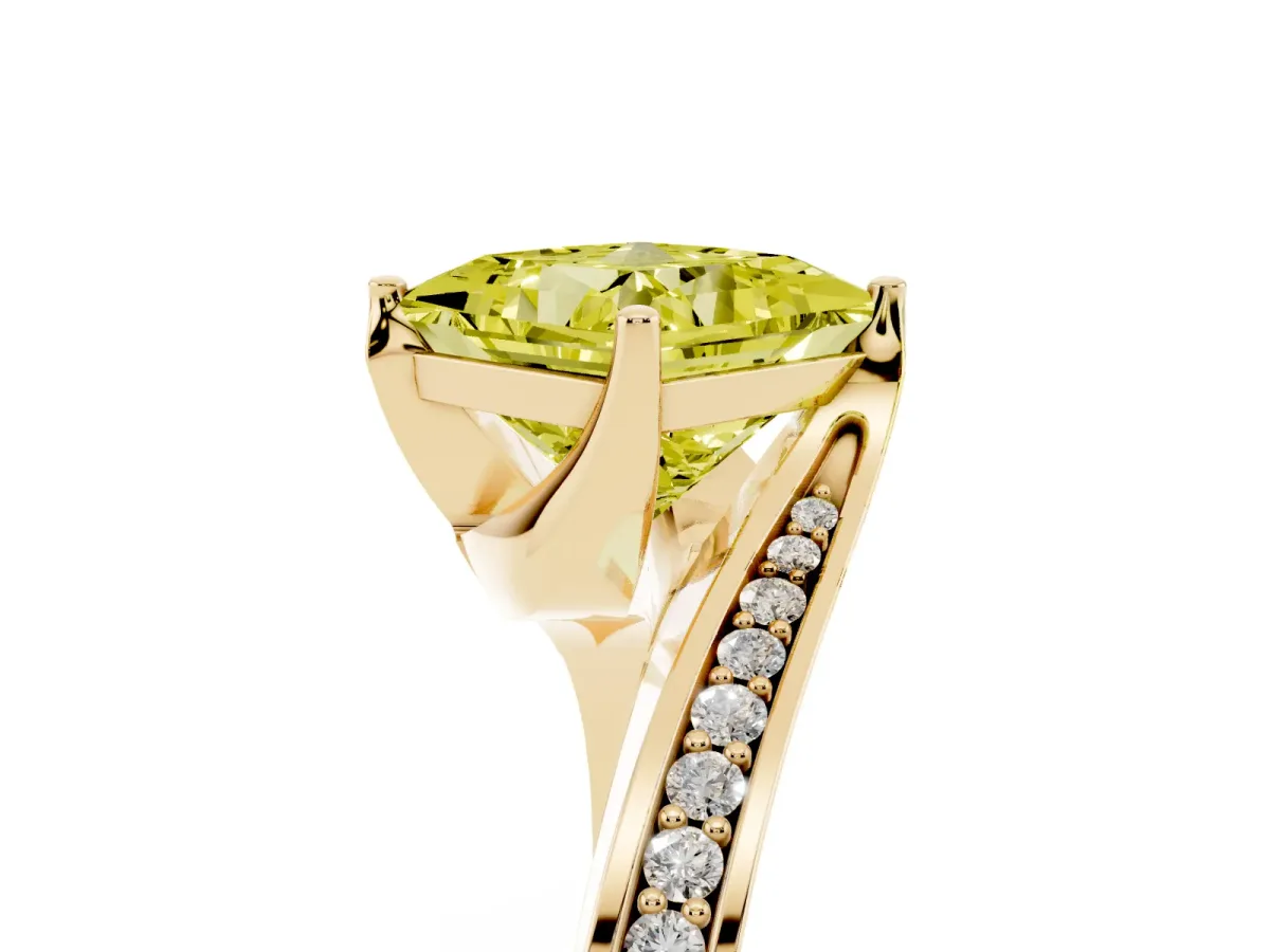 Fancy Yellow Princess Cut Solitaire Diamond Twist Band with Pavé Setting and Four-Prong Setting Yellow gold