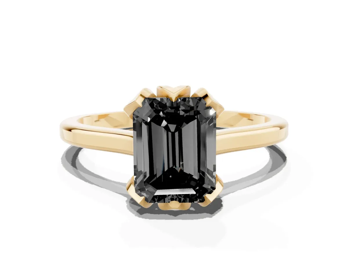 Fancy Black Emerald Cut Diamond Solitaire Ring with Flower Prong Setting and Classic Band Yellow gold