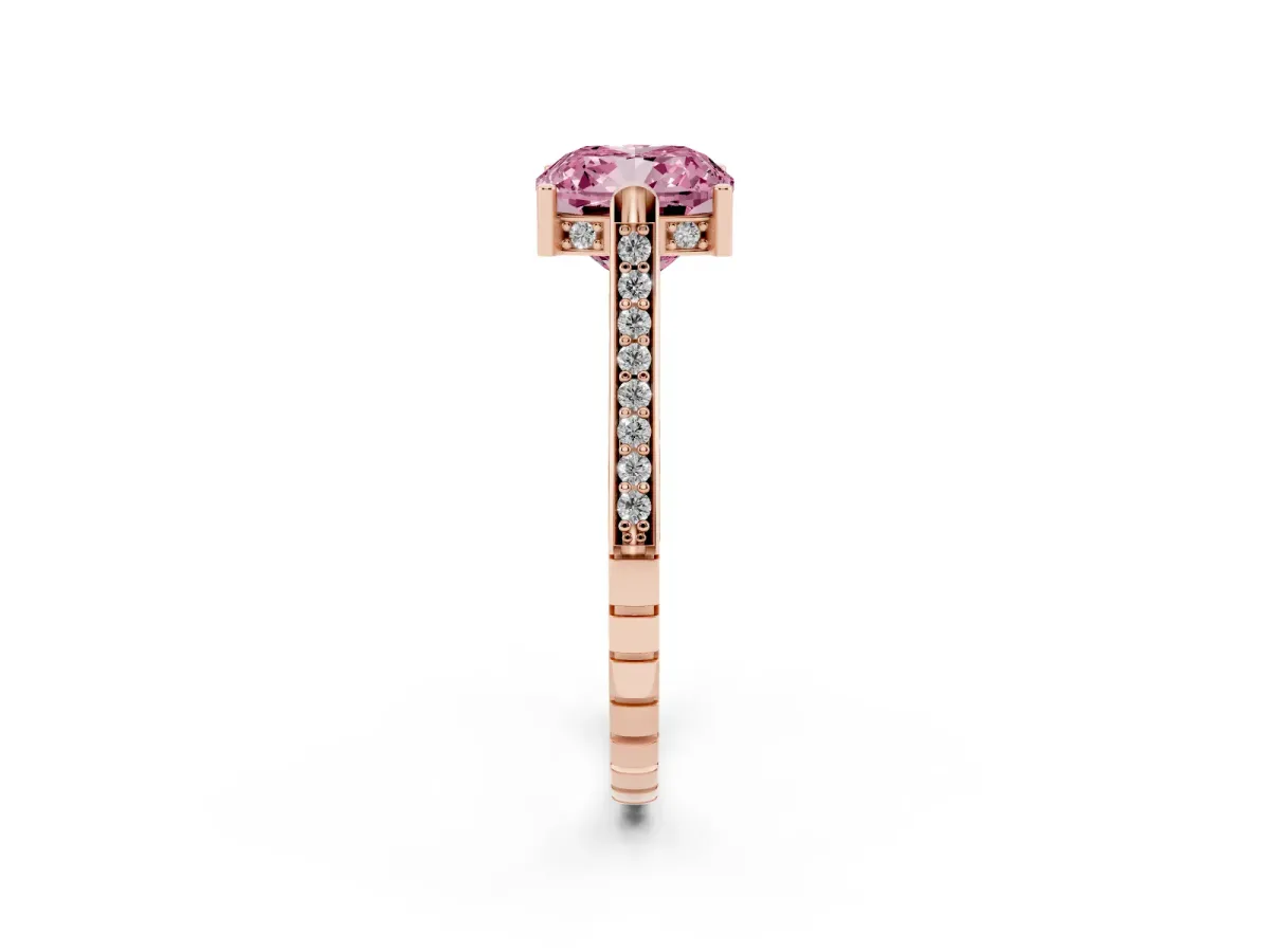 Fancy Pink Cushion Cut Solitaire Diamond Ring with Channel Set Band and Bezel Prong Setting Rose gold