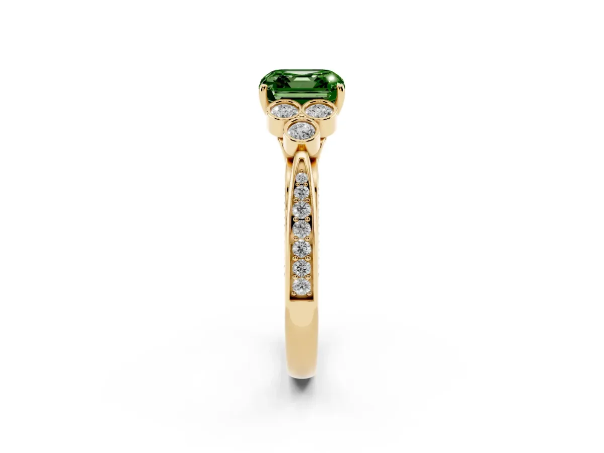 Fancy Green Asscher Cut Cut Diamond Engagement Ring with Bezel Set Round Side Stones and Prong Setting Yellow gold