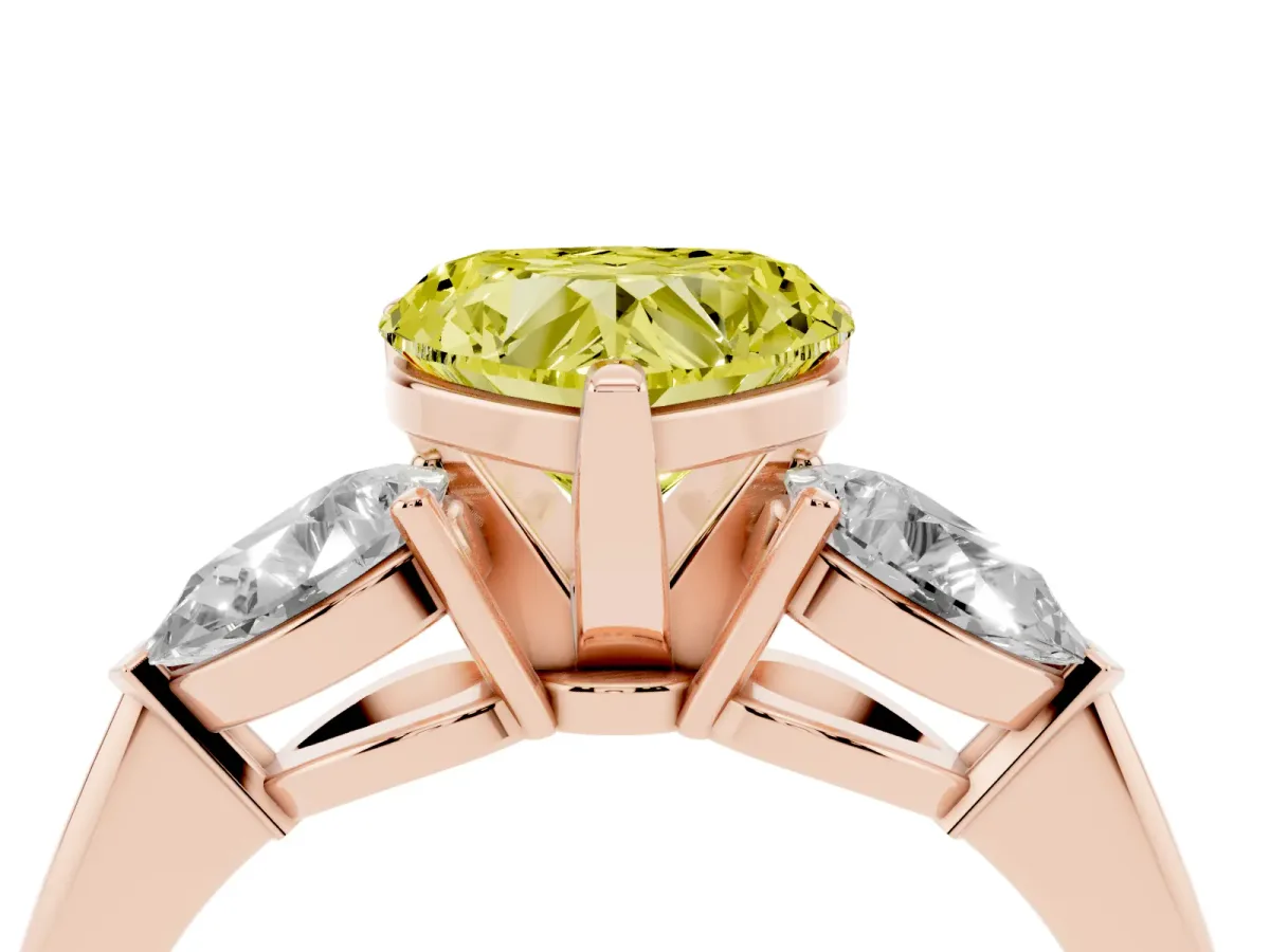 Fancy Yellow Three-Stone Heart Cut Diamond Ring with Pear Side Stones and Four-Prong Setting Rose gold