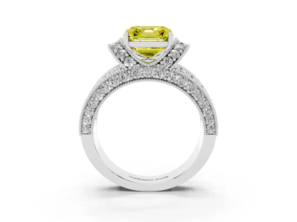 Fancy Yellow Asscher Cut Halo Pave Diamond Engagement Ring with Milgrain Detailing Platinum