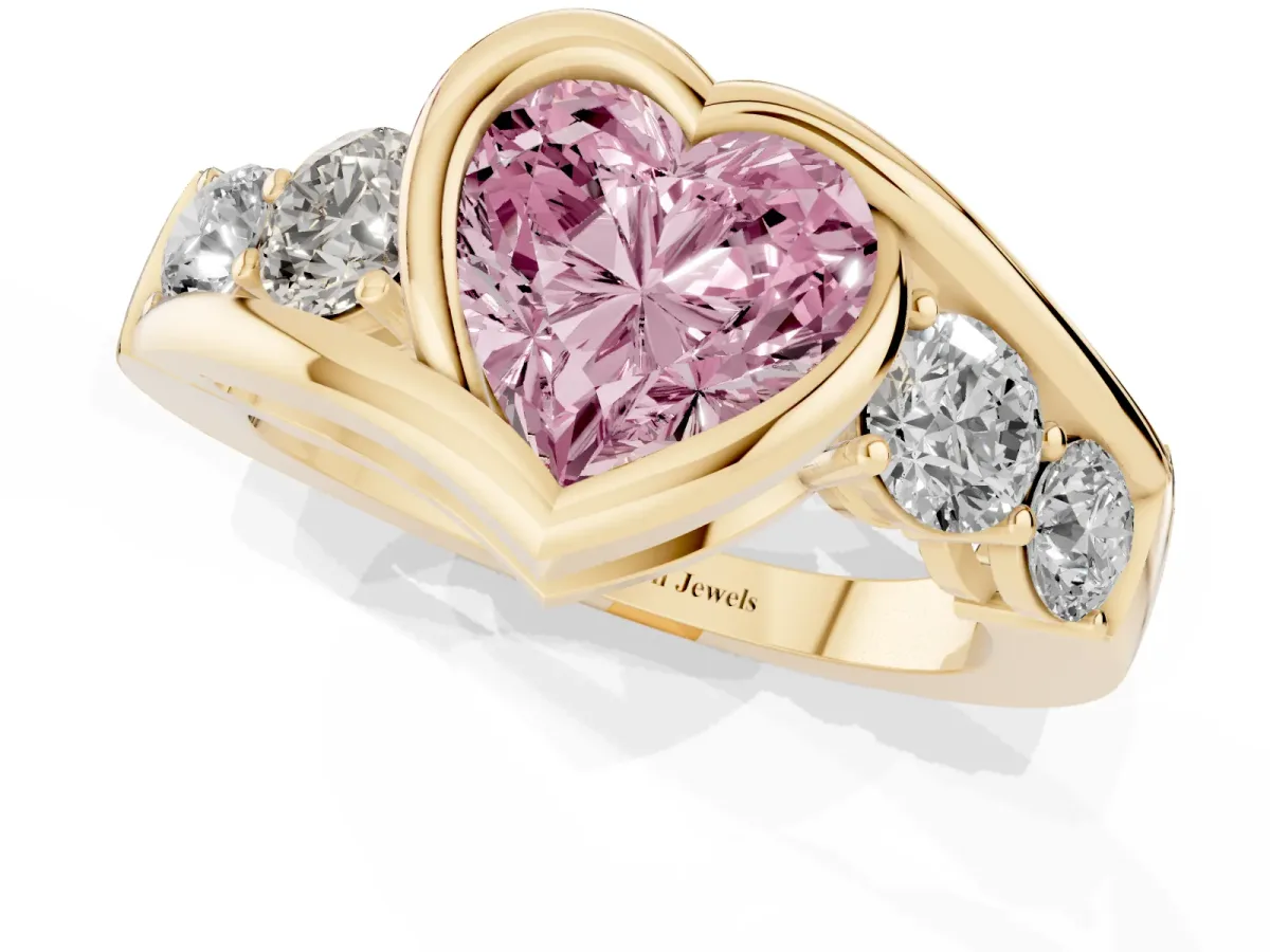 Fancy Pink Bezel Set Heart Cut Diamond Bypass Ring with Round Accents Yellow gold