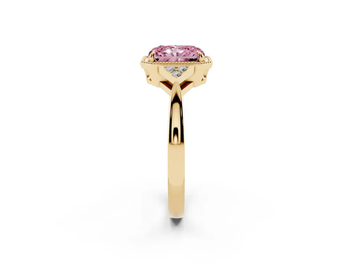 Fancy Pink Radiant Cut Diamond Halo Ring with Tapered Band and Four-Prong Setting Yellow gold