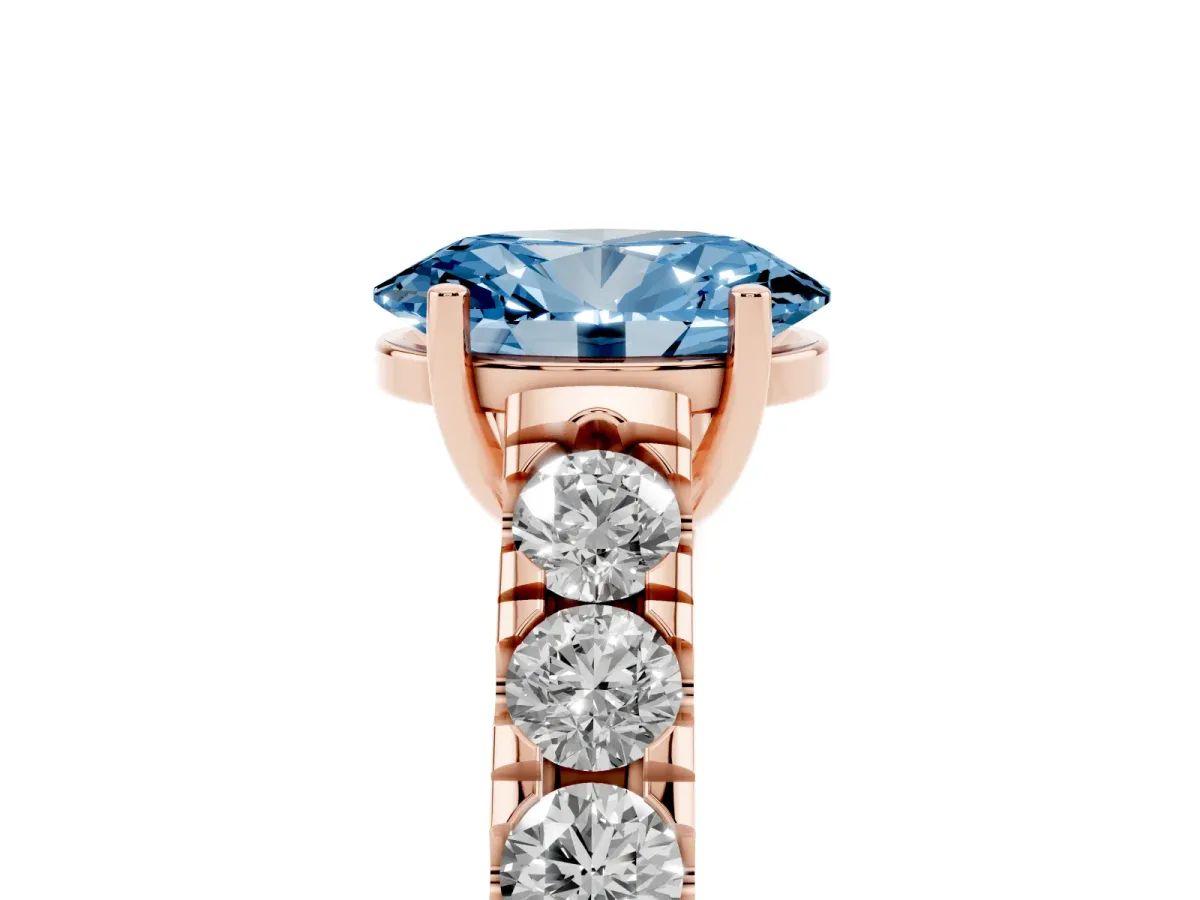 Fancy Blue Oval Cut Cut Diamond Solitaire Ring with Micro Pave Band and Prong Setting Rose gold