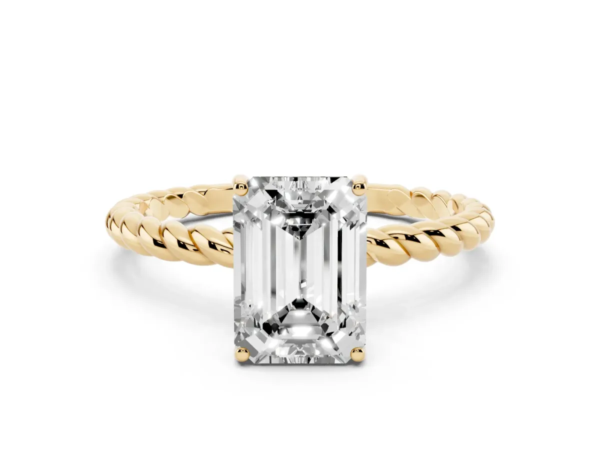 Emerald Cut Solitaire Twisted Band 4-Prong Ring Yellow gold
