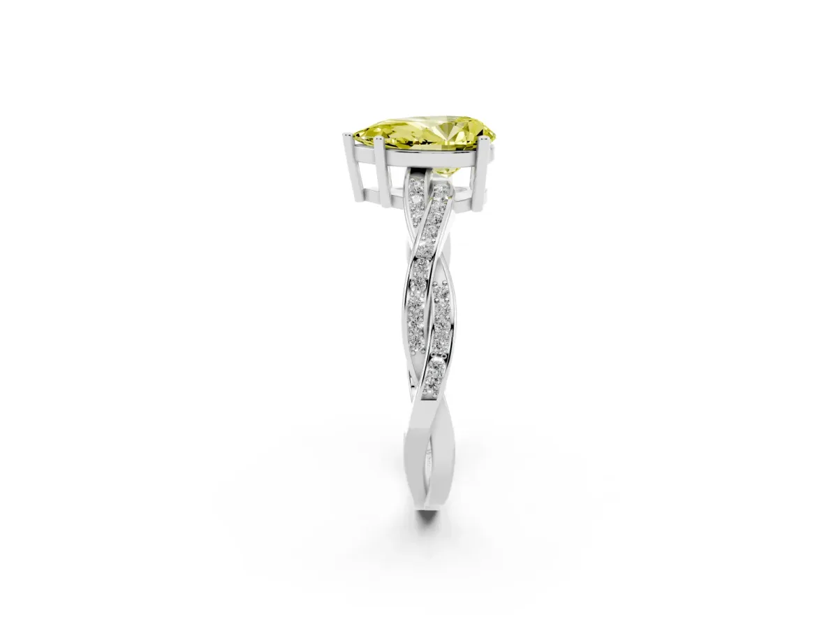 Fancy Yellow Pear Cut Solitaire Twisted Pave Diamond Ring with Four-Prong Setting Silver
