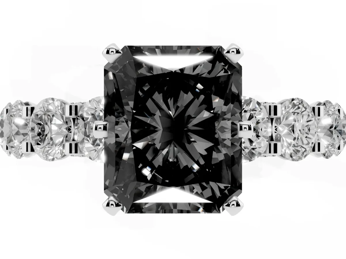 Fancy Black Radiant Cut Diamond Side Stone Engagement Ring with Four-Prong Setting Silver