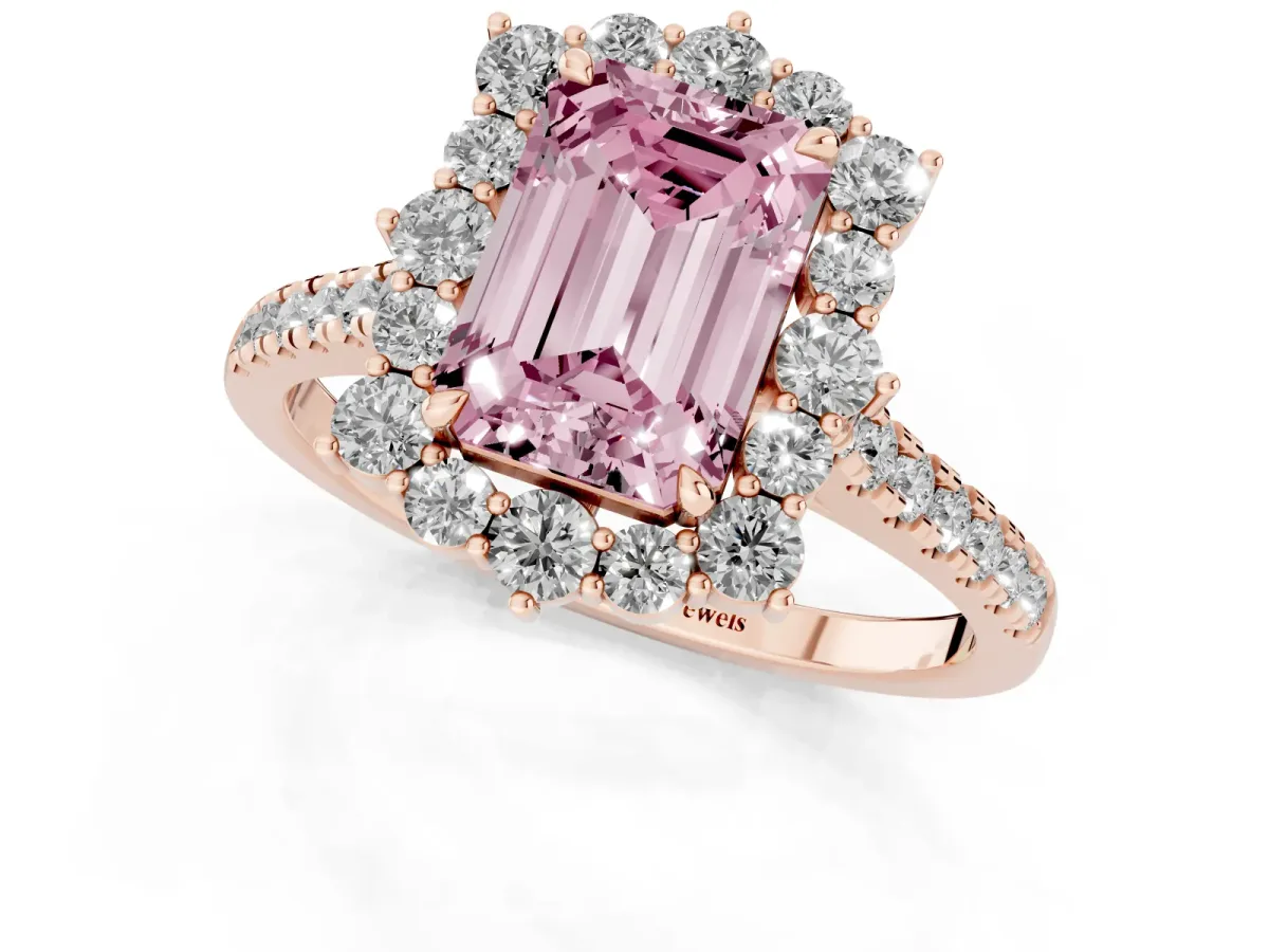Fancy Pink Emerald Cut Halo Diamond Ring with Pavé Band and Prong Setting Rose gold