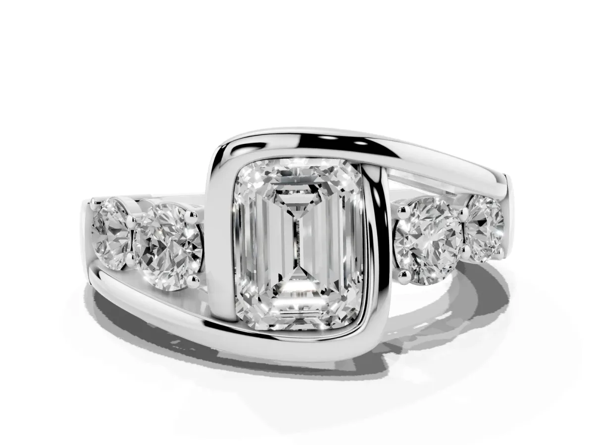 Bezel Set Emerald Cut Diamond Bypass Ring with Round Accents Silver