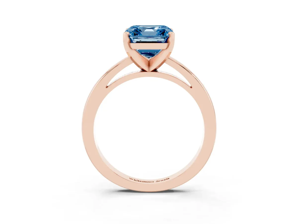 Fancy Blue Asscher Cut Solitaire Diamond Engagement Ring with Four-Prong Setting on a Classic Band Rose gold