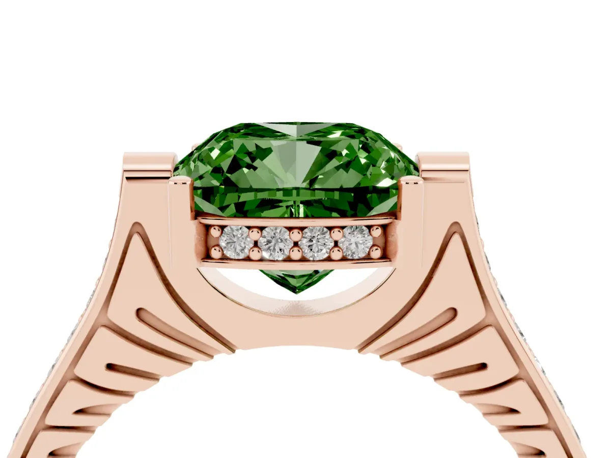 Fancy Green Cushion Cut Solitaire Diamond Ring with Channel Set Band and Bezel Prong Setting Rose gold