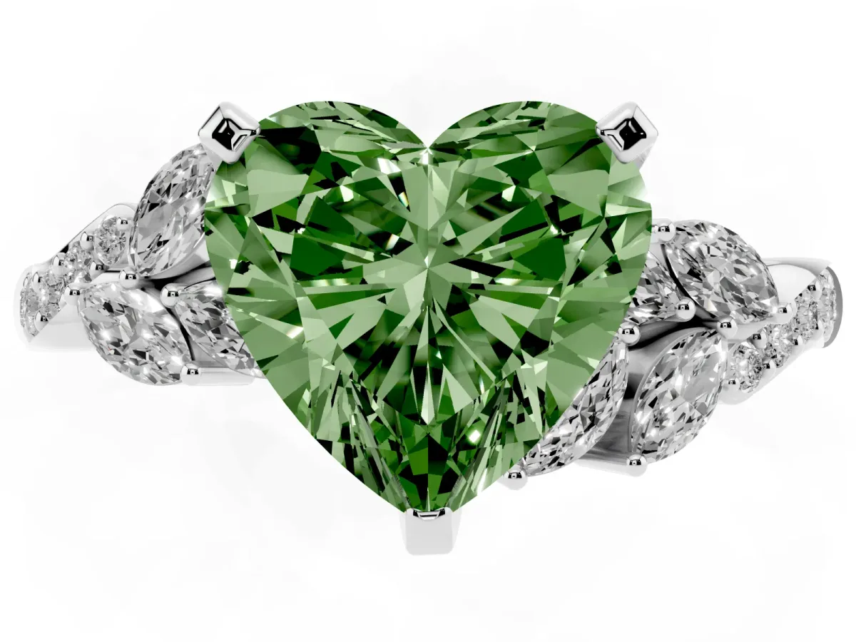 Fancy Green Heart Cut Solitaire Marquise Twist Band with Six-Prong Setting Silver
