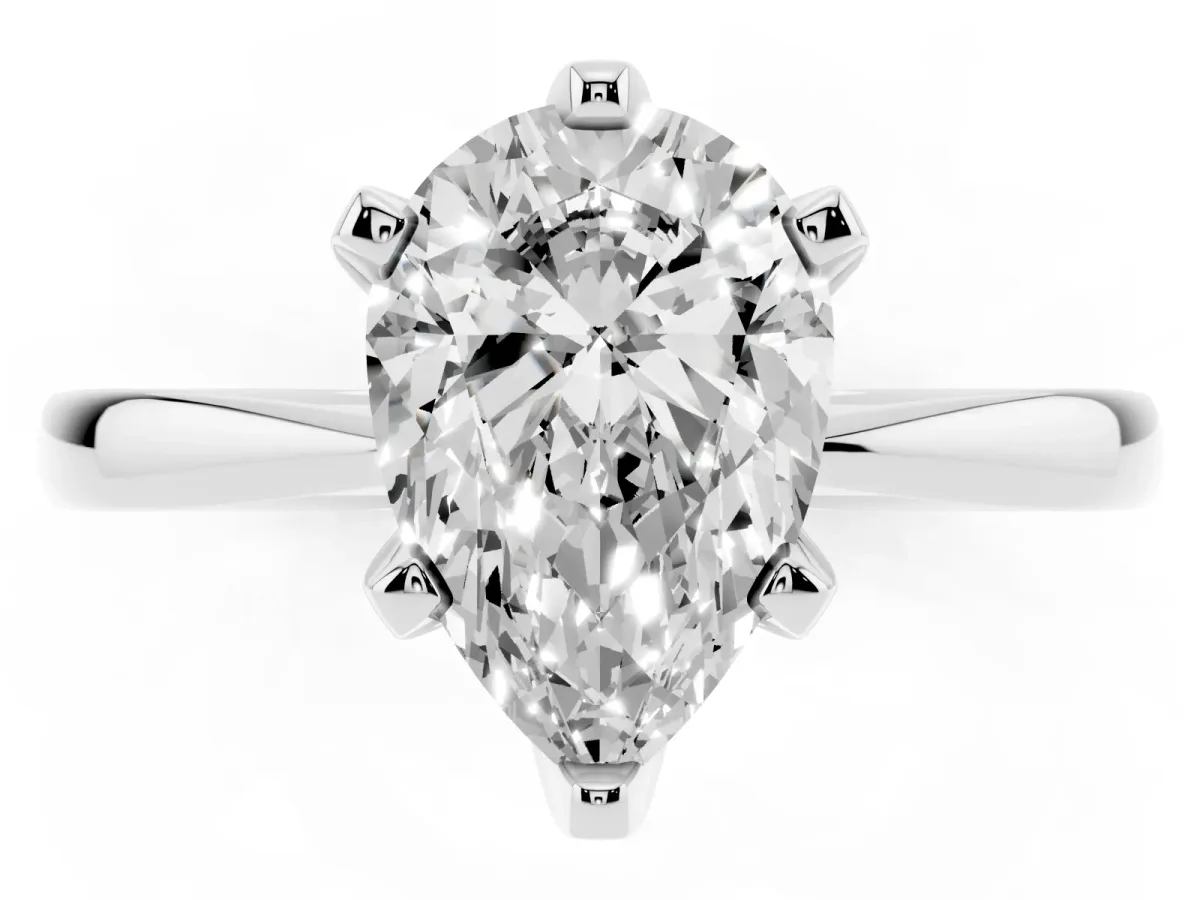 Pear Cut Solitaire Engagement Ring with Six-Prong Setting and Tapered Band Platinum
