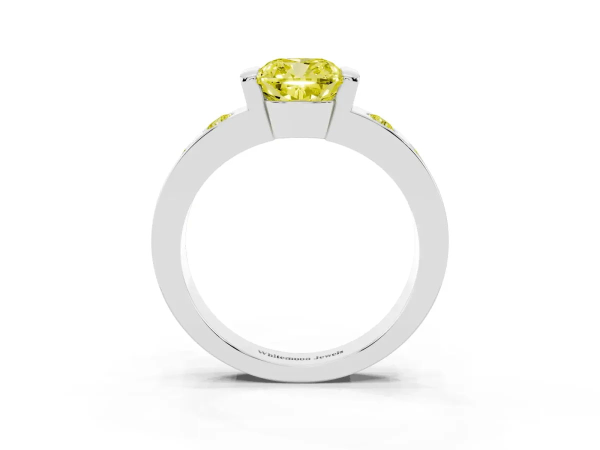 Fancy Yellow Cushion Cut Brilliant Channel-Set Diamond Ring with Bezel Prong Setting Silver