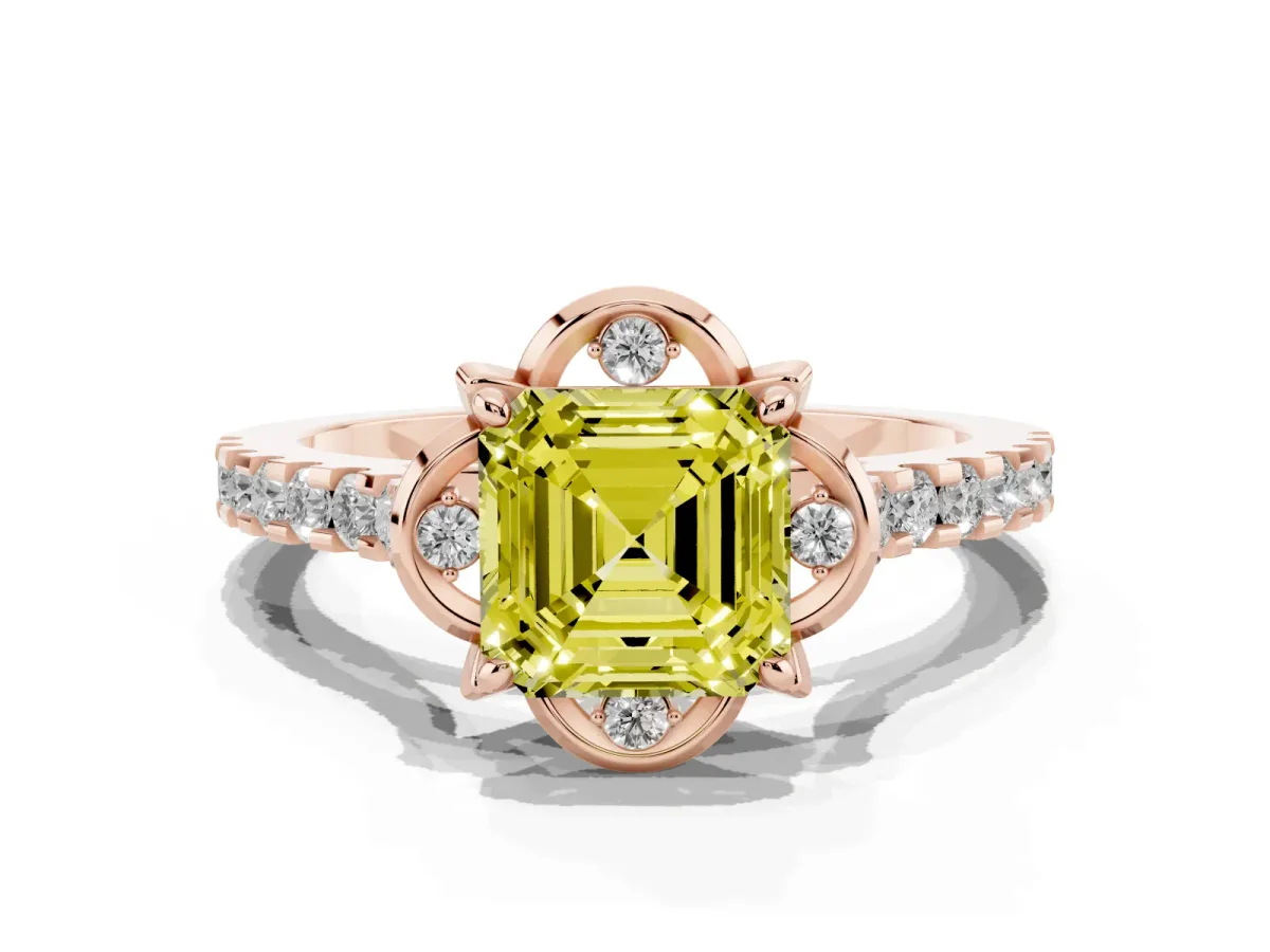 Fancy Yellow Asscher Cut Diamond Ring with Pavé Band and Floral Prong Setting Rose gold