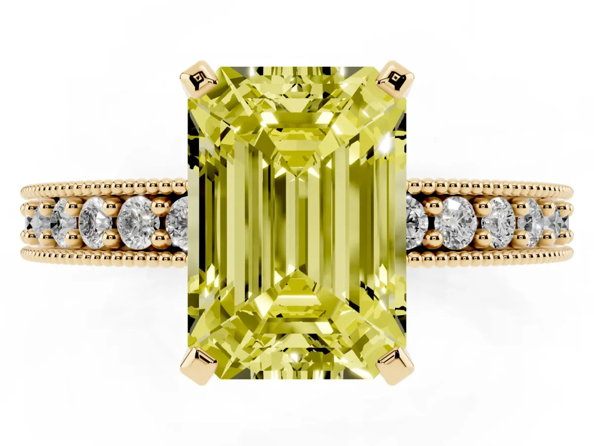 Fancy Yellow Emerald Cut Diamond Milgrain Pavé Engagement Ring with Four-Prong Setting Yellow gold