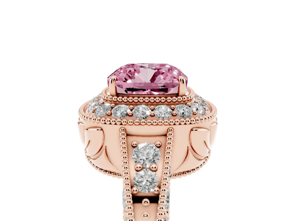 Fancy Pink Cushion Cut Halo Diamond Split Shank Ring with Milgrain Detail Rose gold