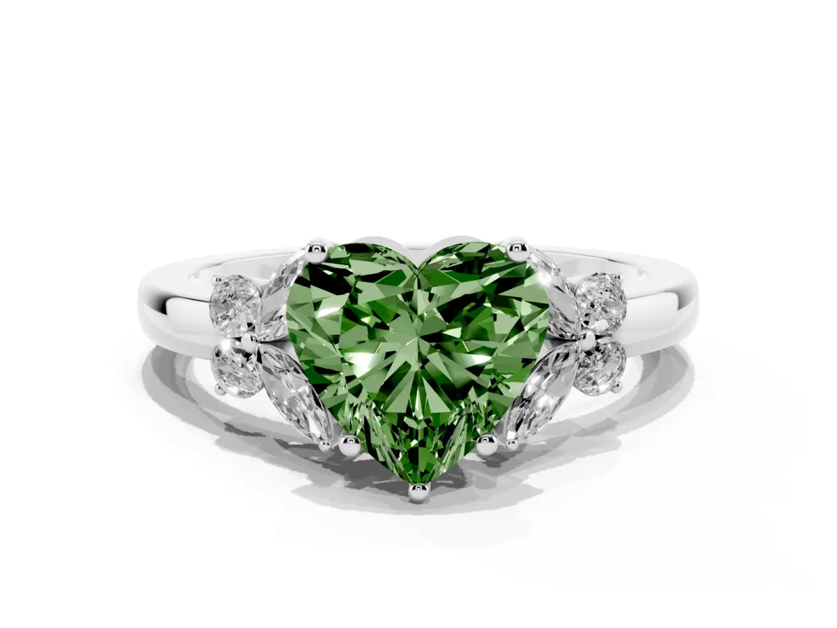 Fancy Green Heart Cut Cut Solitaire Floral Diamond Ring with Four-Prong Setting Silver