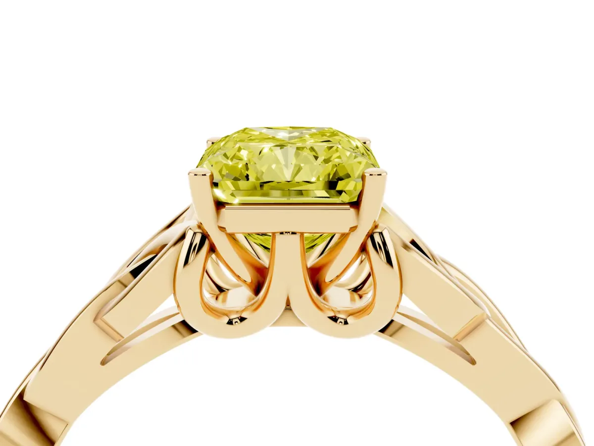 Fancy Yellow Radiant Cut Diamond Solitaire Engagement Ring with Celtic Knot Band and Four-Prong Setting Yellow gold