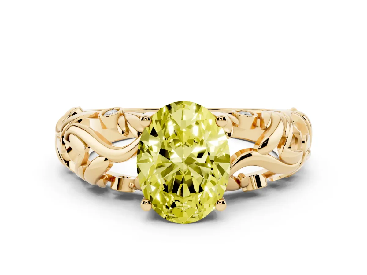Fancy Yellow Oval Cut Solitaire Diamond Leaf-Inspired Vine Band Ring with Prong Setting Yellow gold